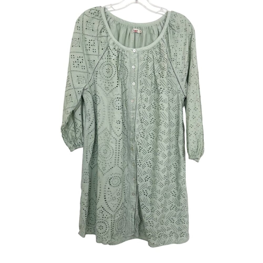 Faherty Valencia Embroidered Eyelet Dress‎ Button Front Lined Sage Green MEDIUM